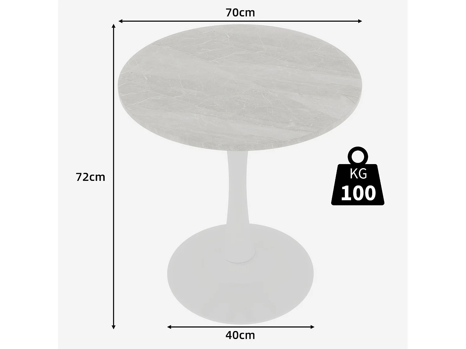 Table de salle à manger ronde effet marbre blanc 2-4 personnes, 70 cm
