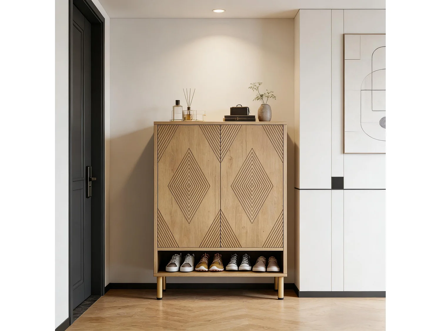 Meuble à chaussures effet bois motif géométrique 7 niveaux grande capacité 73x35x115cm