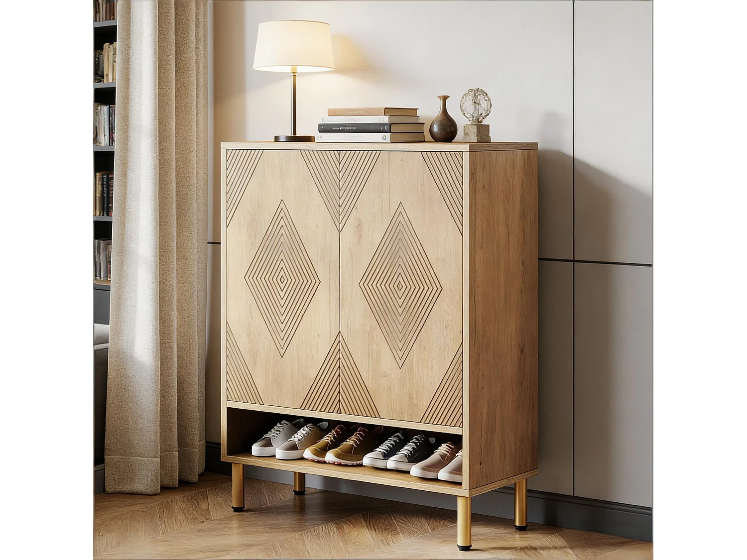 Meuble à chaussures effet bois motif géométrique 7 niveaux grande capacité 73x35x115cm