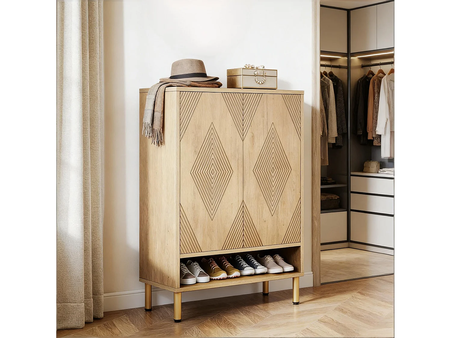 Meuble à chaussures effet bois motif géométrique 7 niveaux grande capacité 73x35x115cm