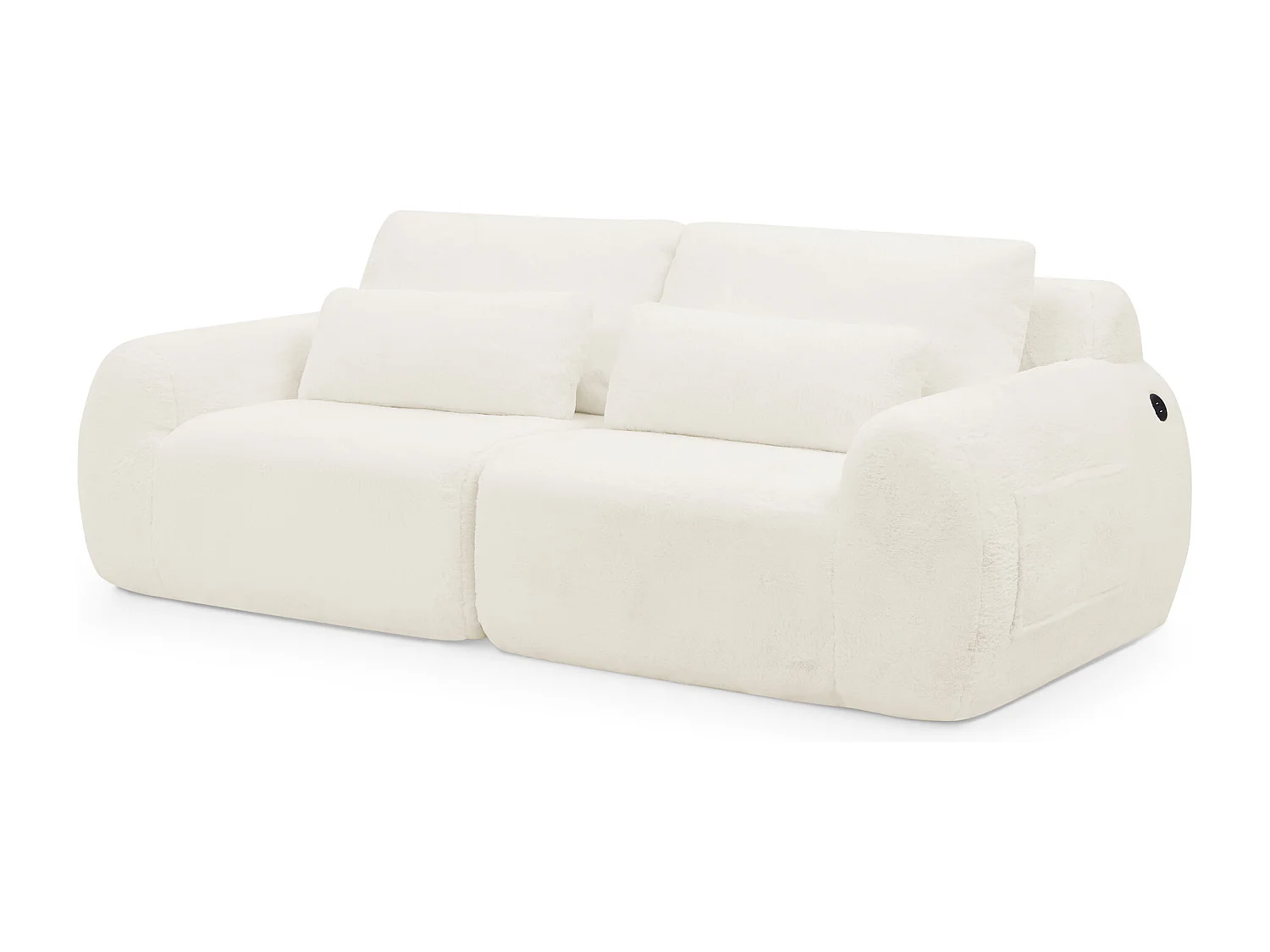 Canapé 2 places en fausse fourrure de lapin, beige, USB, poche latérale