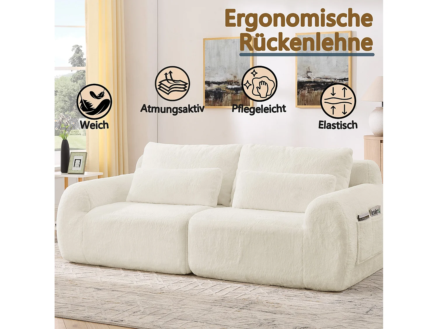 Canapé 2 places en fausse fourrure de lapin, beige, USB, poche latérale