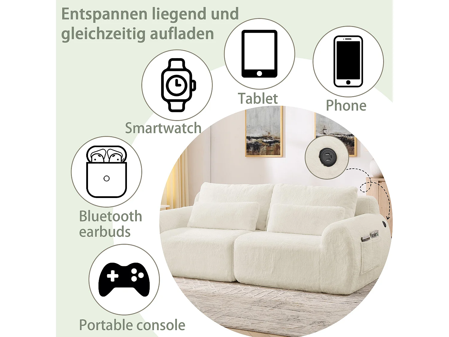 Canapé 2 places en fausse fourrure de lapin, beige, USB, poche latérale