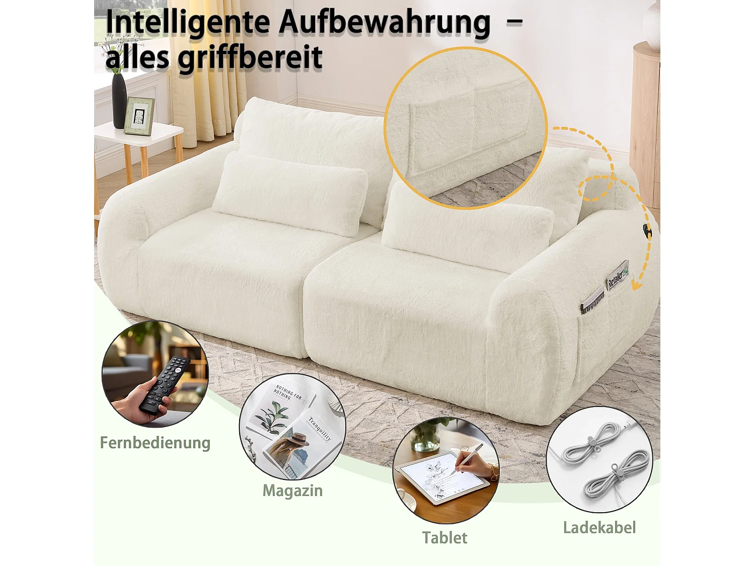 Canapé 2 places en fausse fourrure de lapin, beige, USB, poche latérale