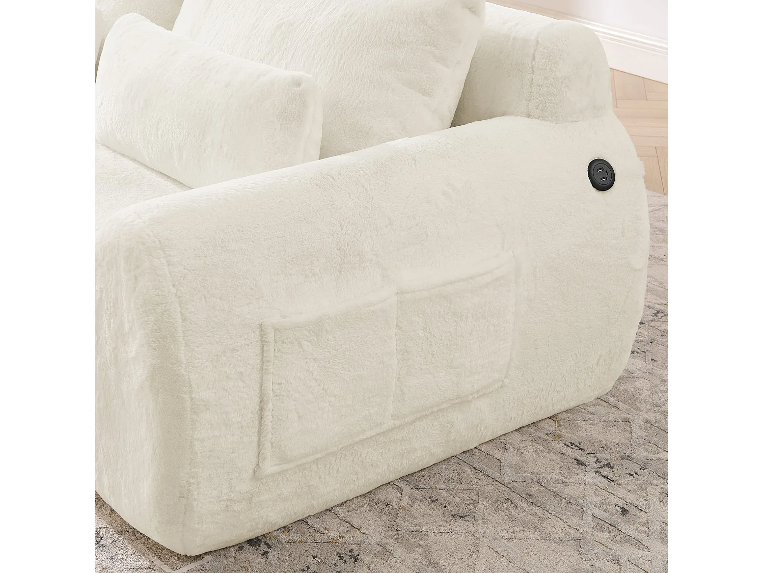 Canapé 2 places en fausse fourrure de lapin, beige, USB, poche latérale