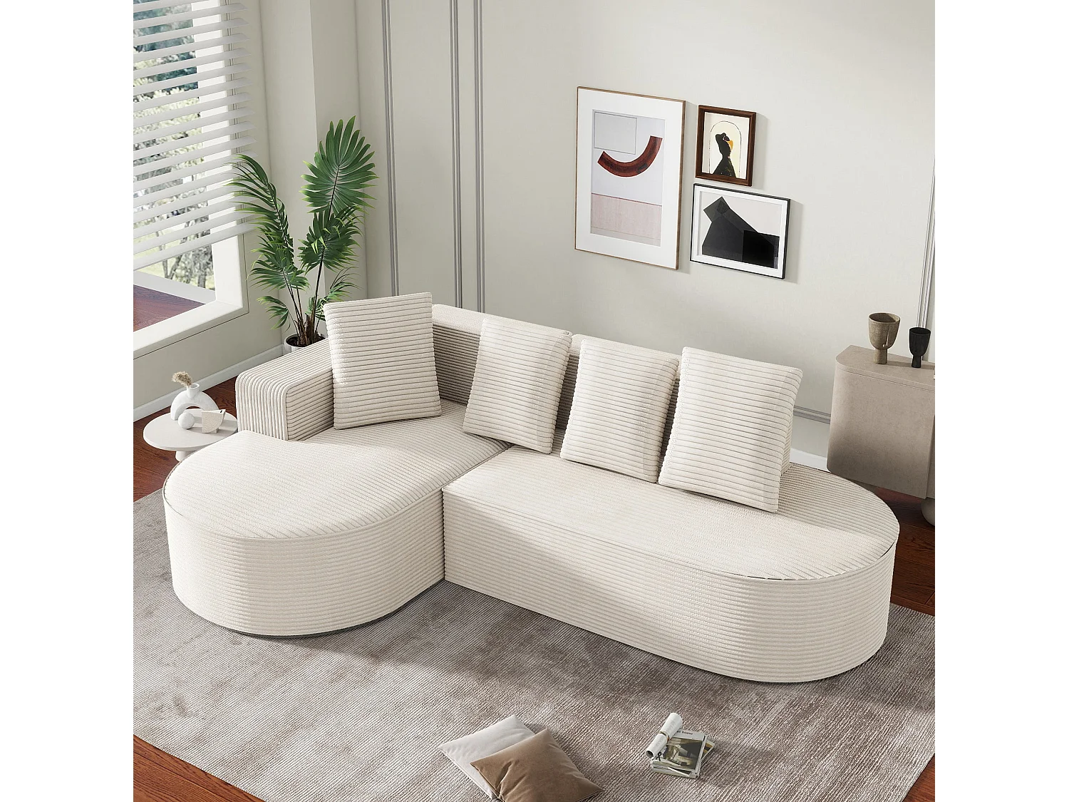 Canapé d'angle velours côtelé blanc sans montage 265x165cm