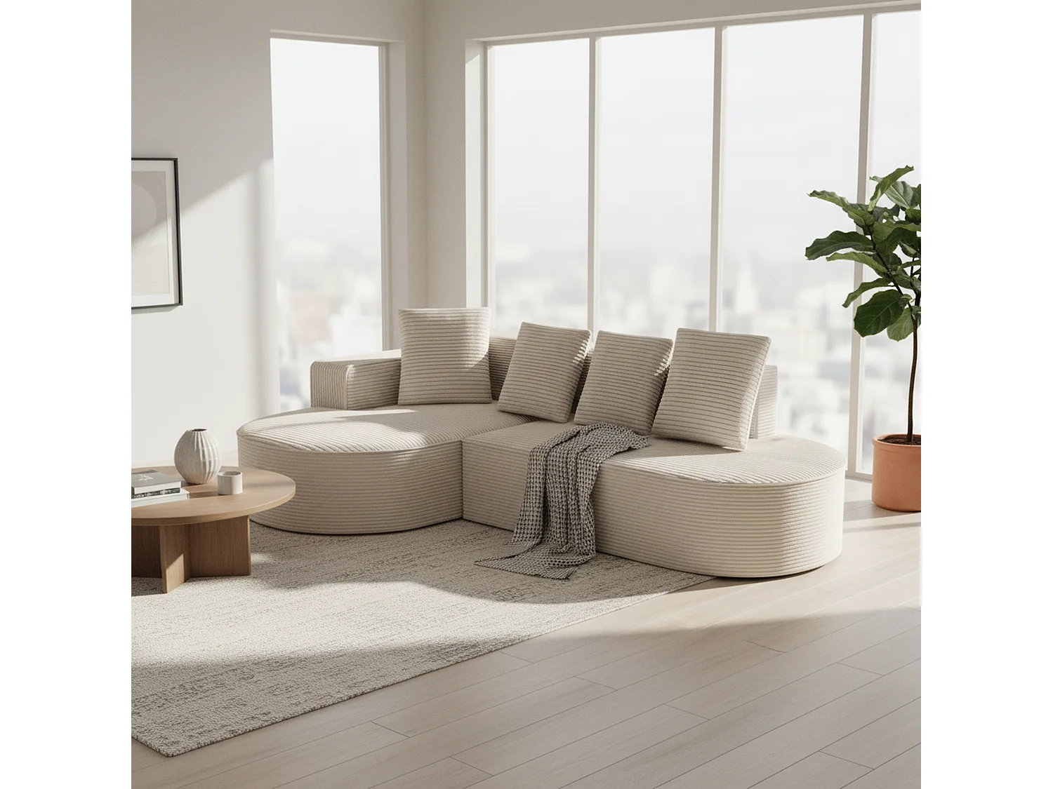 Canapé d'angle velours côtelé blanc sans montage 265x165cm