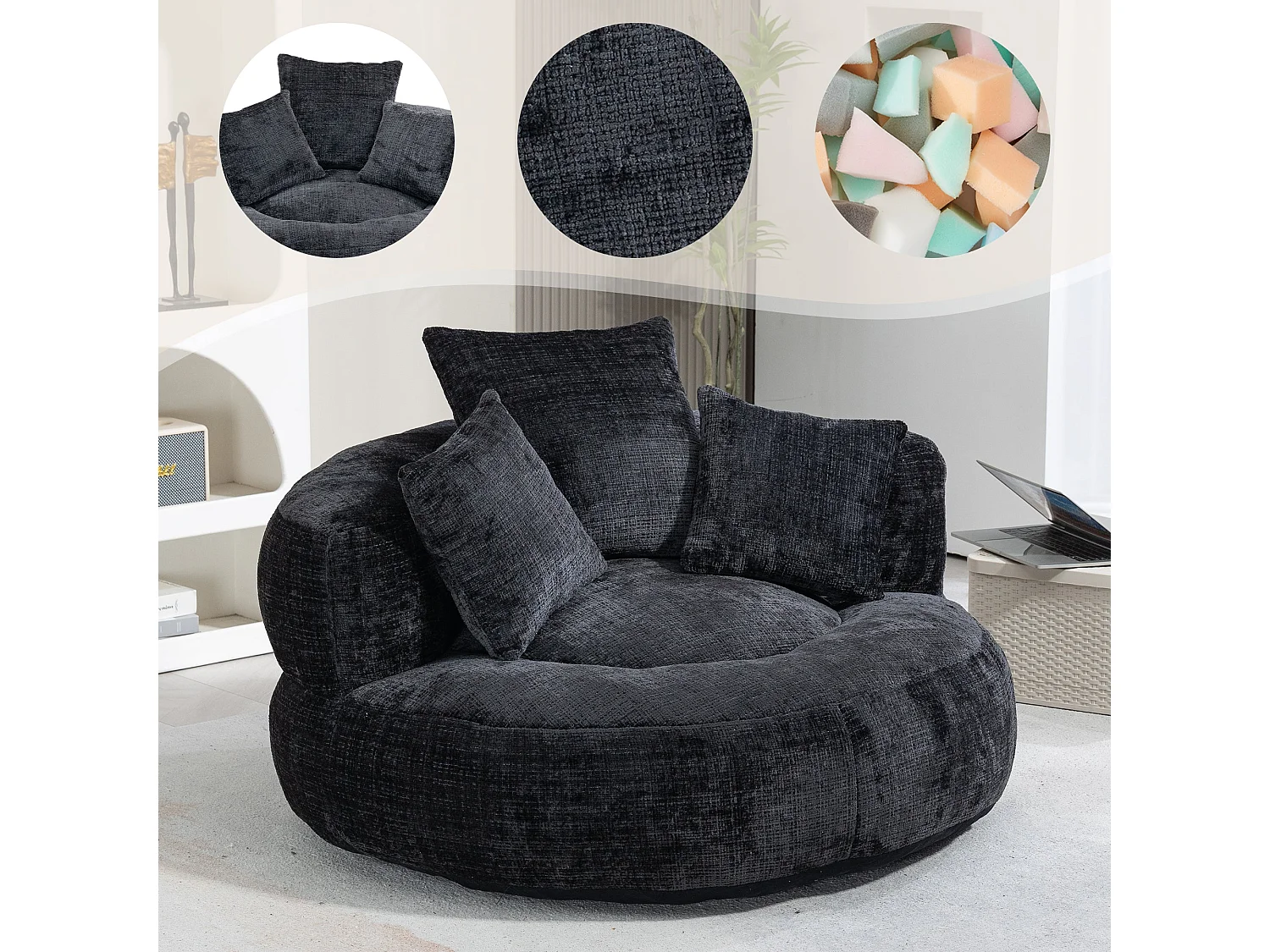 Canapé chauffeuse fauteuil rond en velours chenille noir fauteuil lounge Lazy Sofa