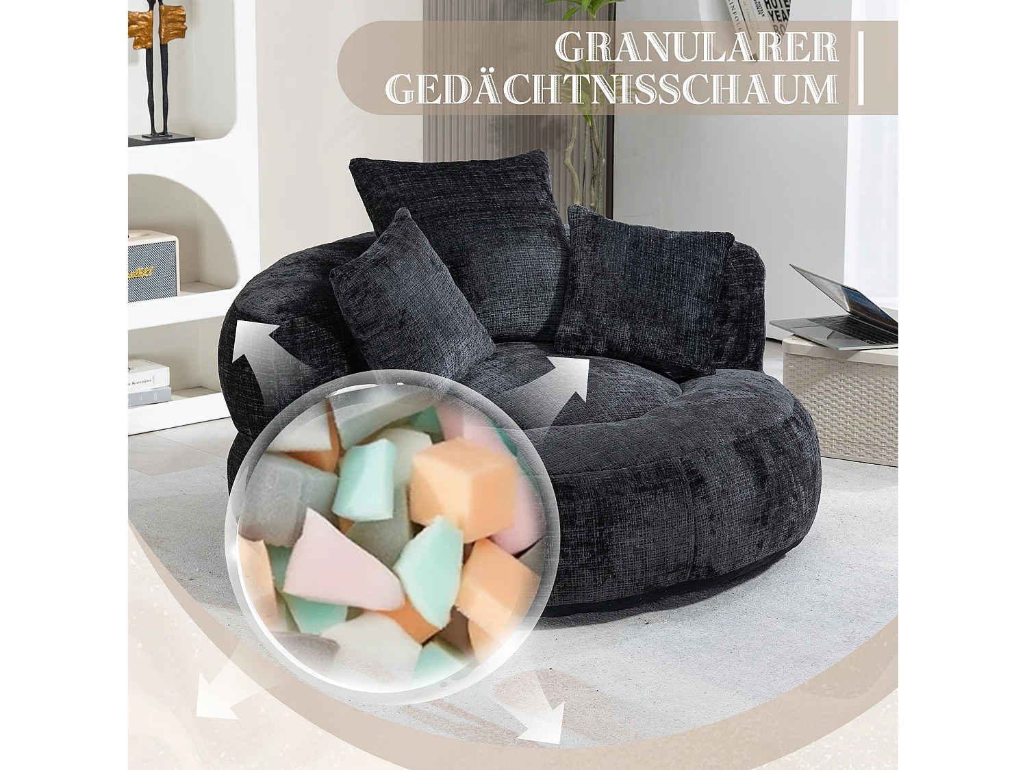 Canapé chauffeuse fauteuil rond en velours chenille noir fauteuil lounge Lazy Sofa