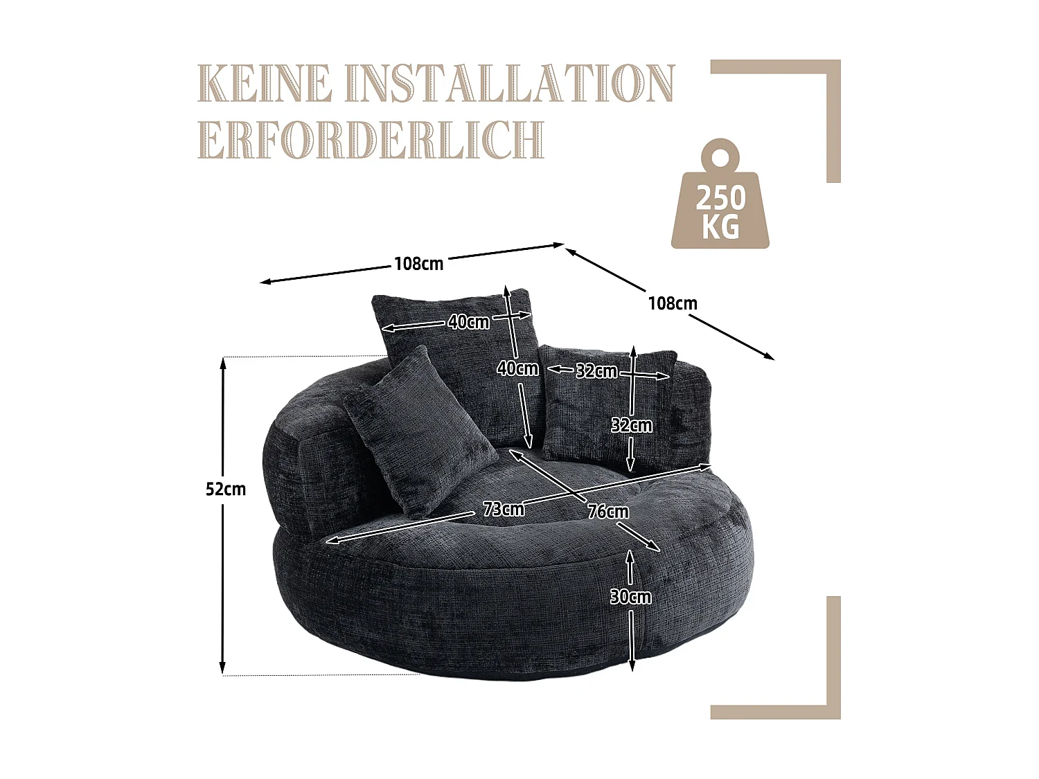 Canapé chauffeuse fauteuil rond en velours chenille noir fauteuil lounge Lazy Sofa