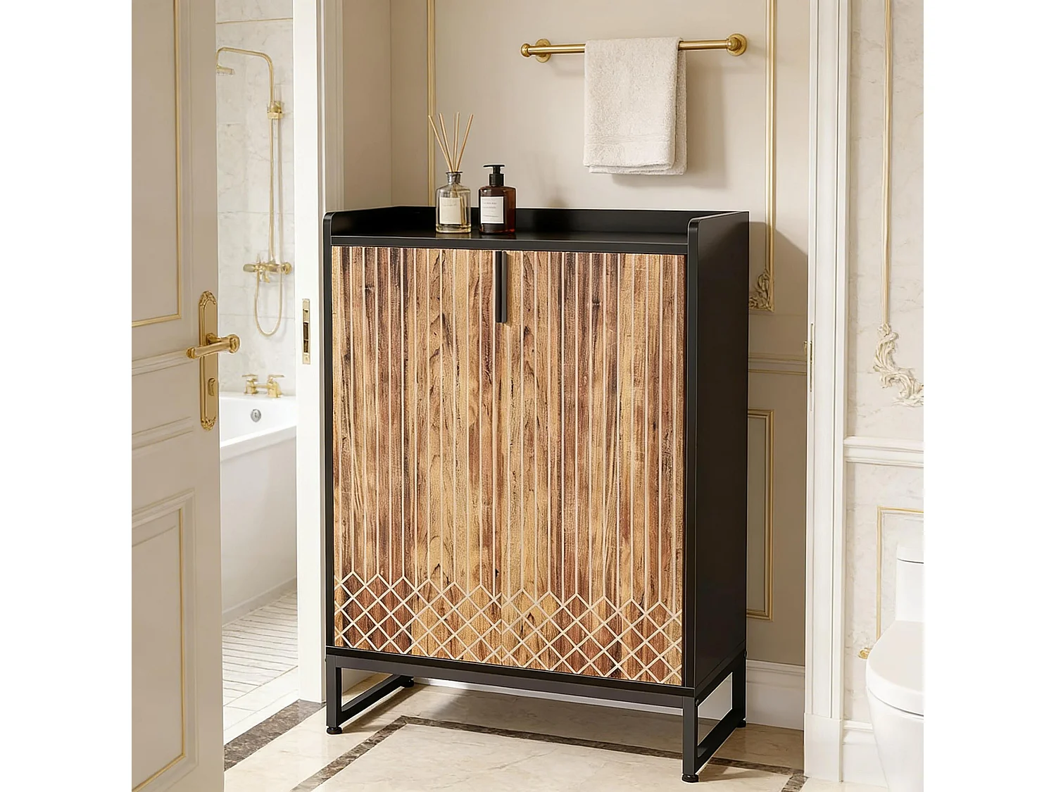 Meuble à chaussures effet bois strié 5 niveaux avec détails en treillis