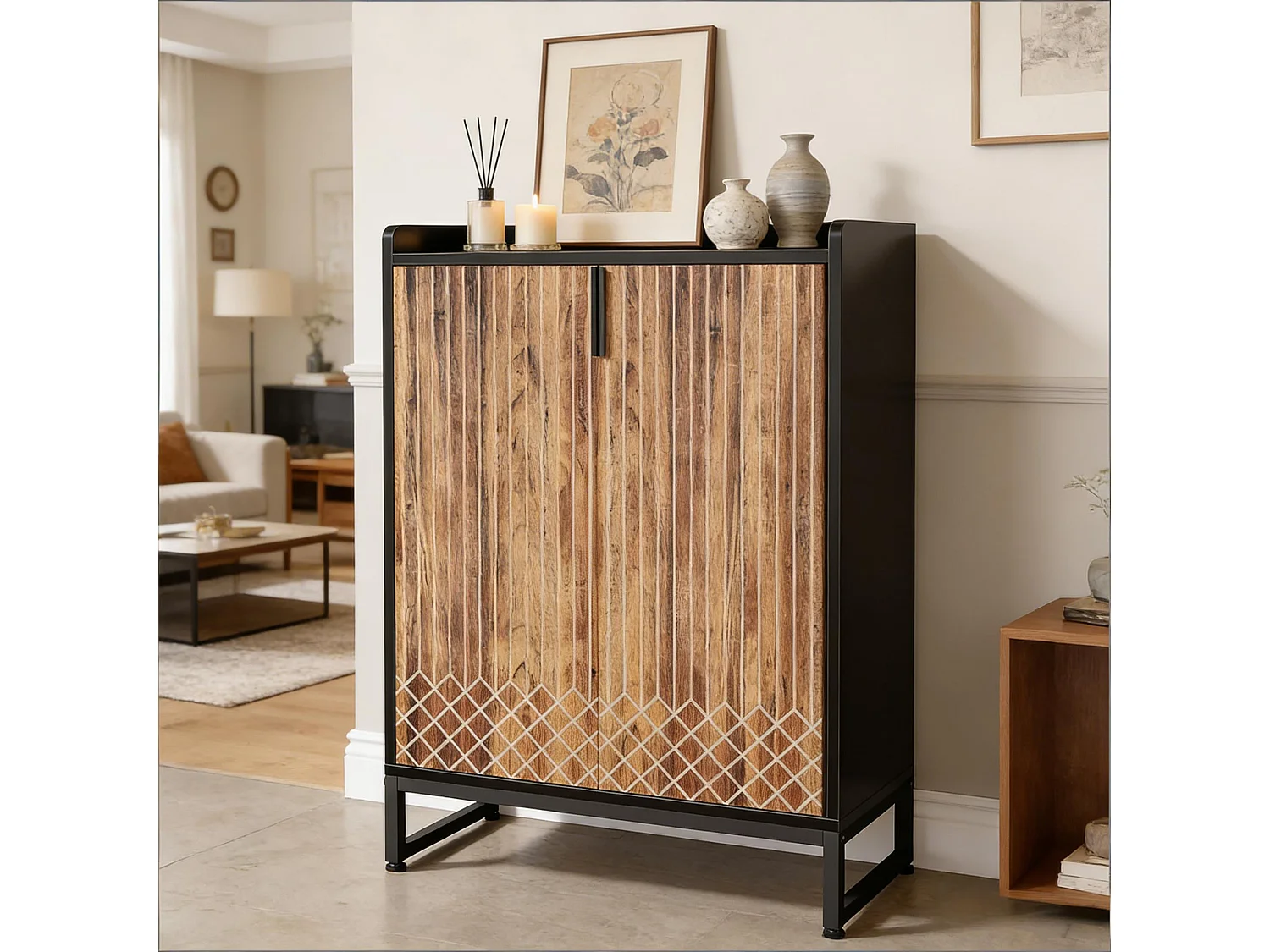 Meuble à chaussures effet bois strié 5 niveaux avec détails en treillis