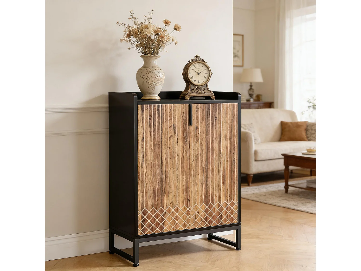 Meuble à chaussures effet bois strié 5 niveaux avec détails en treillis