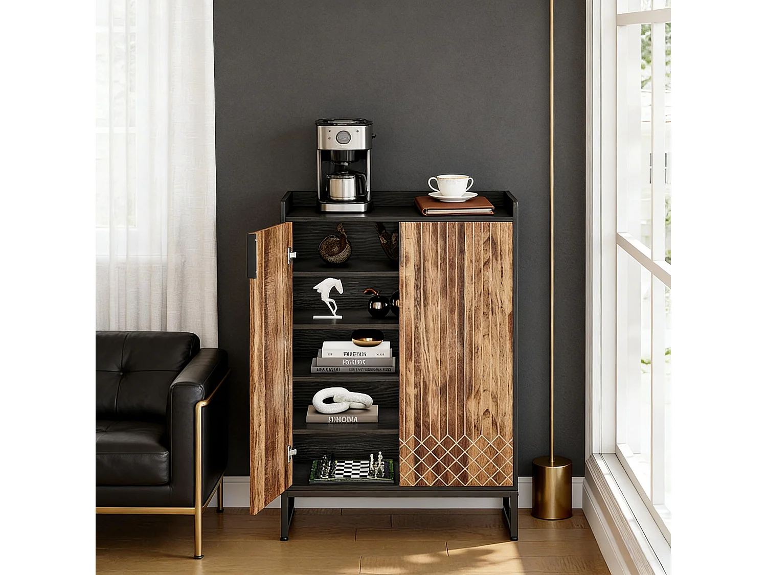 Meuble à chaussures effet bois strié 5 niveaux avec détails en treillis