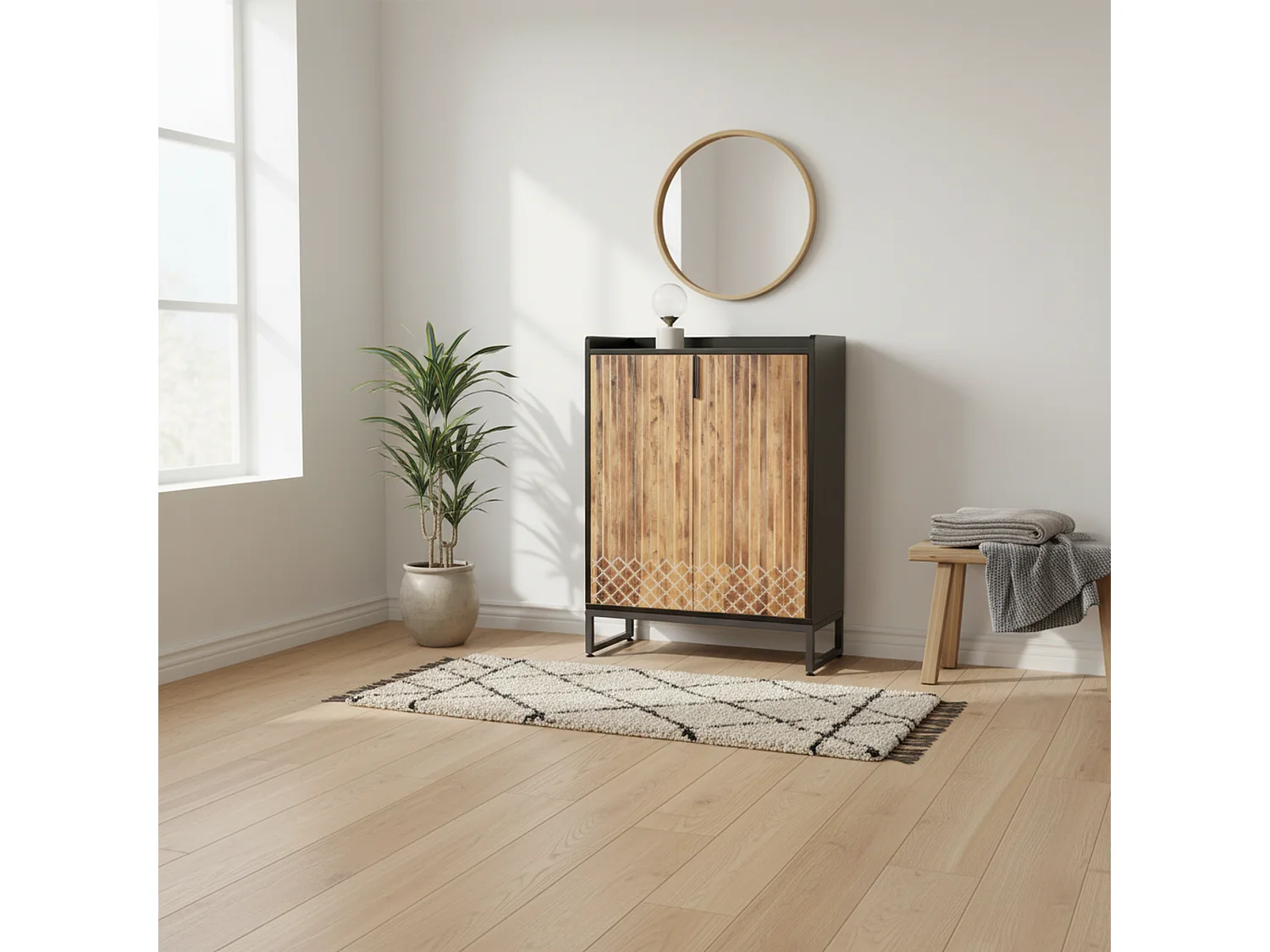 Meuble à chaussures effet bois strié 5 niveaux avec détails en treillis