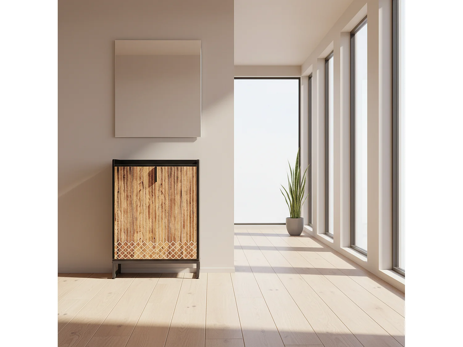 Meuble à chaussures effet bois strié 5 niveaux avec détails en treillis