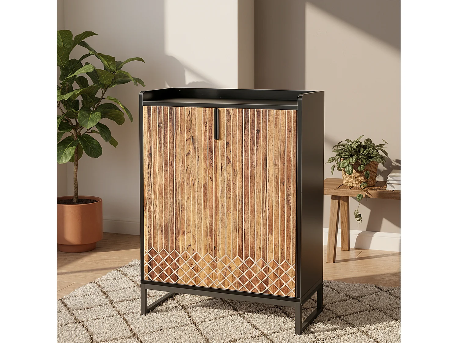 Meuble à chaussures effet bois strié 5 niveaux avec détails en treillis