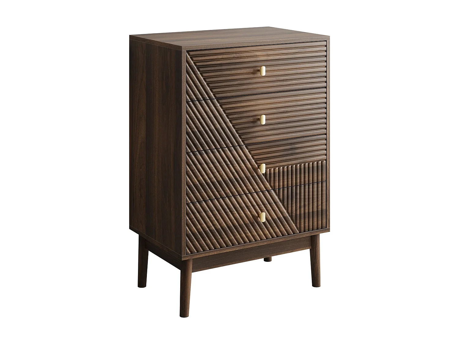 Commode scandinave 4 tiroirs effet bois noyer 4 tiroirs sculptées et pieds évasés 60x40x90cm