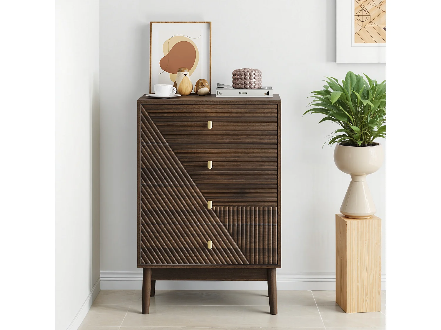 Commode scandinave 4 tiroirs effet bois noyer 4 tiroirs sculptées et pieds évasés 60x40x90cm