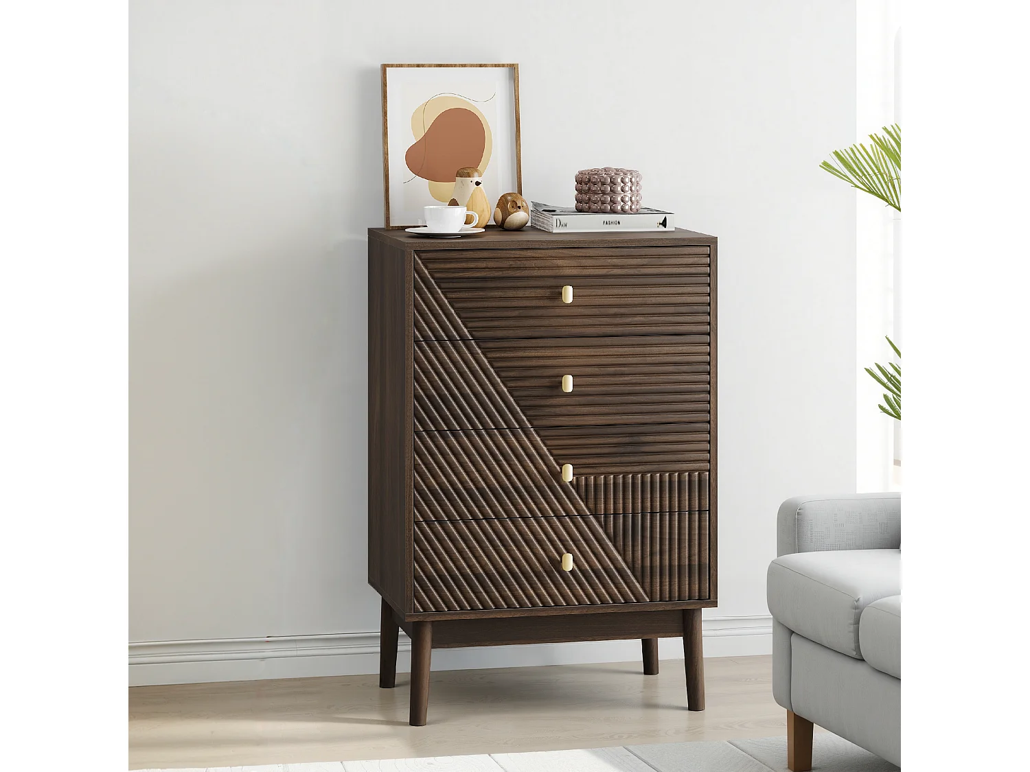 Commode scandinave 4 tiroirs effet bois noyer 4 tiroirs sculptées et pieds évasés 60x40x90cm