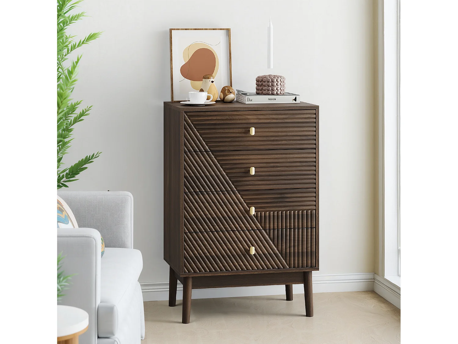 Commode scandinave 4 tiroirs effet bois noyer 4 tiroirs sculptées et pieds évasés 60x40x90cm