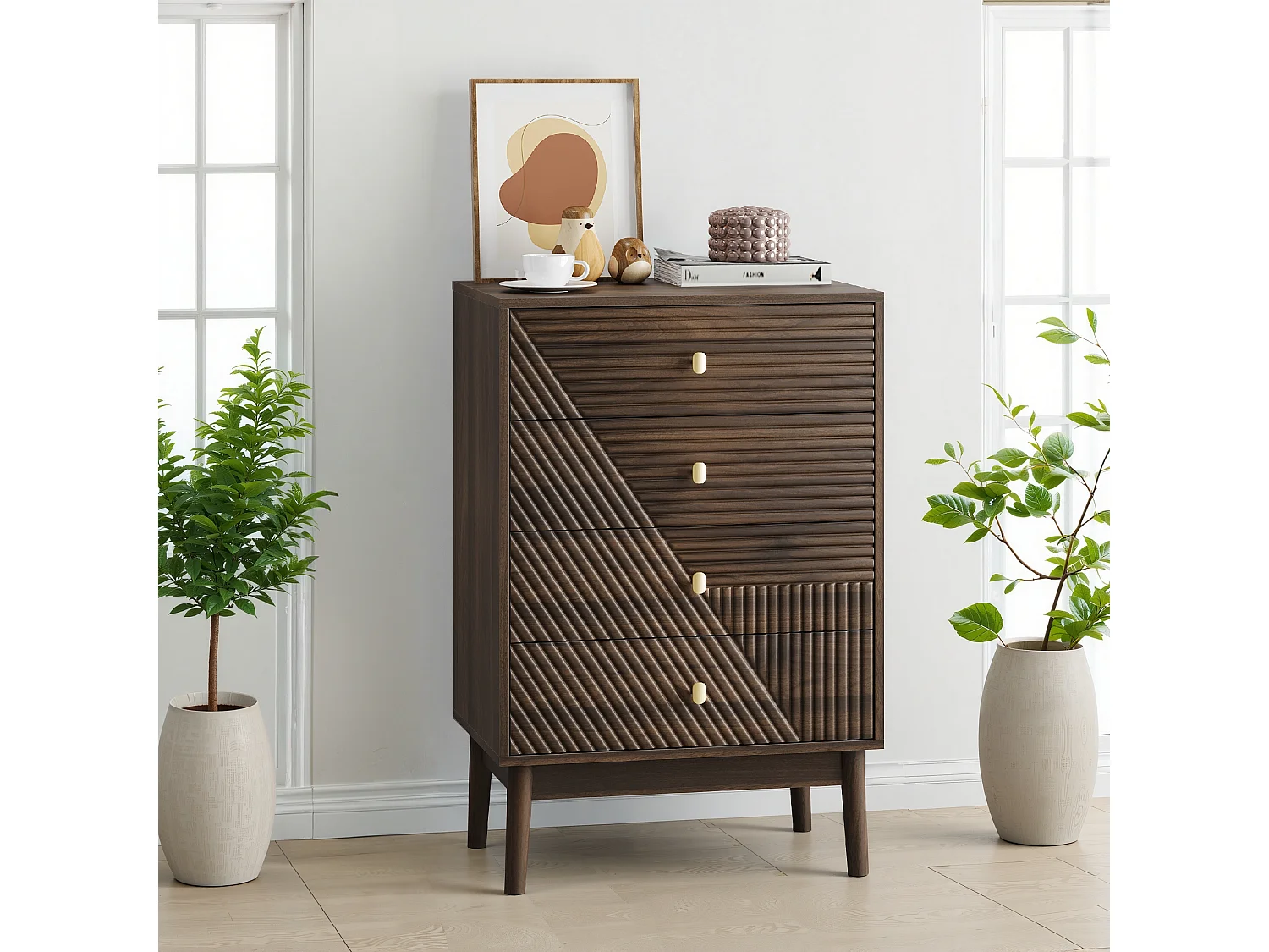 Commode scandinave 4 tiroirs effet bois noyer 4 tiroirs sculptées et pieds évasés 60x40x90cm