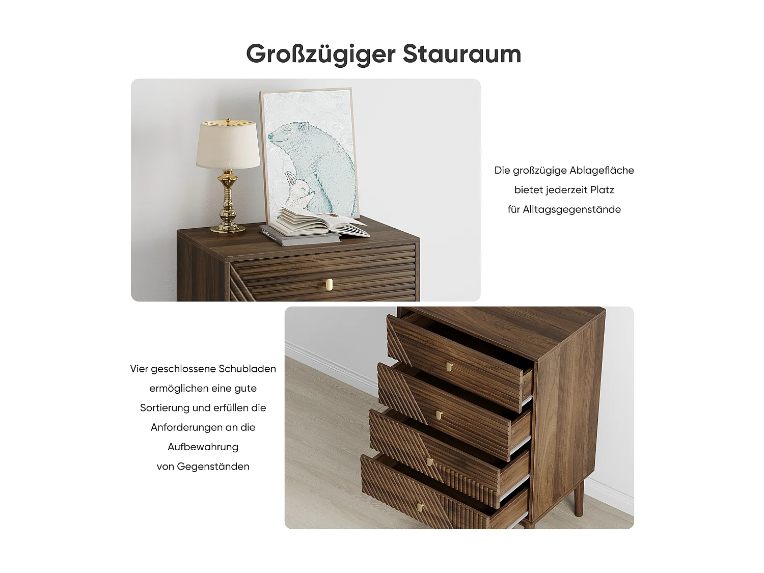 Commode scandinave 4 tiroirs effet bois noyer 4 tiroirs sculptées et pieds évasés 60x40x90cm