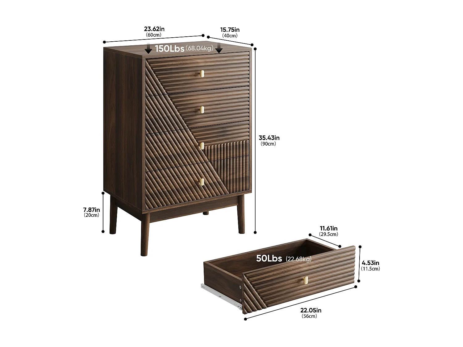Commode scandinave 4 tiroirs effet bois noyer 4 tiroirs sculptées et pieds évasés 60x40x90cm