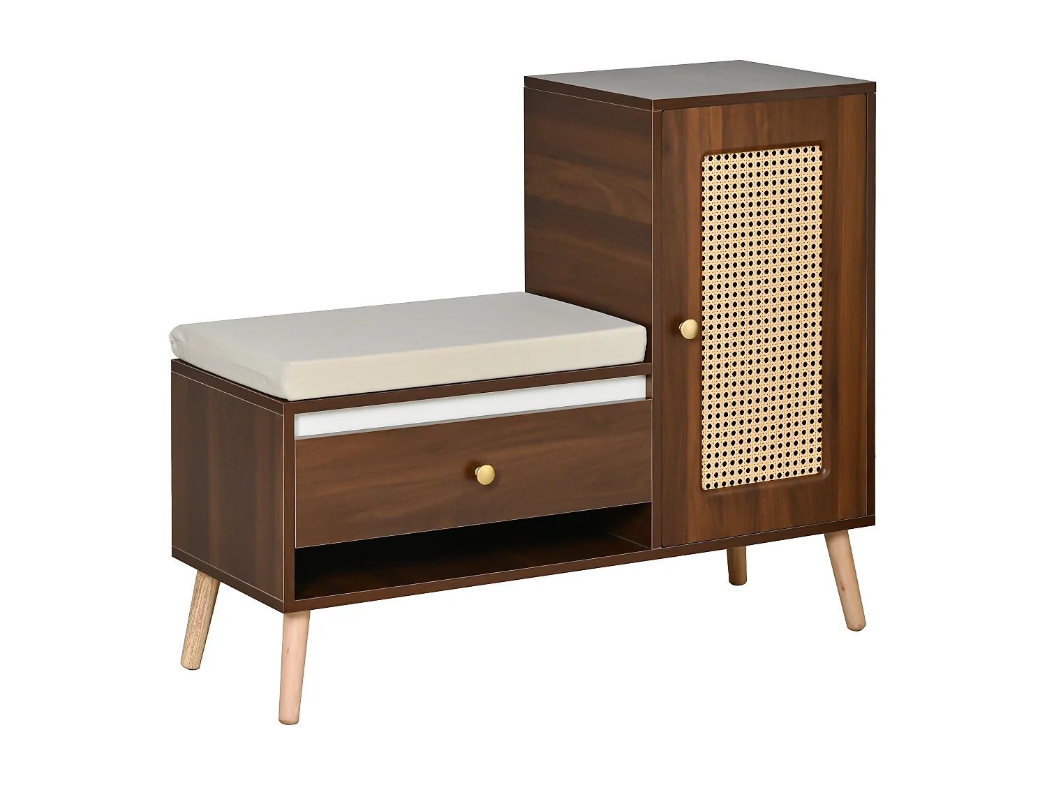 Banc à chaussures effet noyer en rotin avec coussin beige 95,5x35x80,5cm