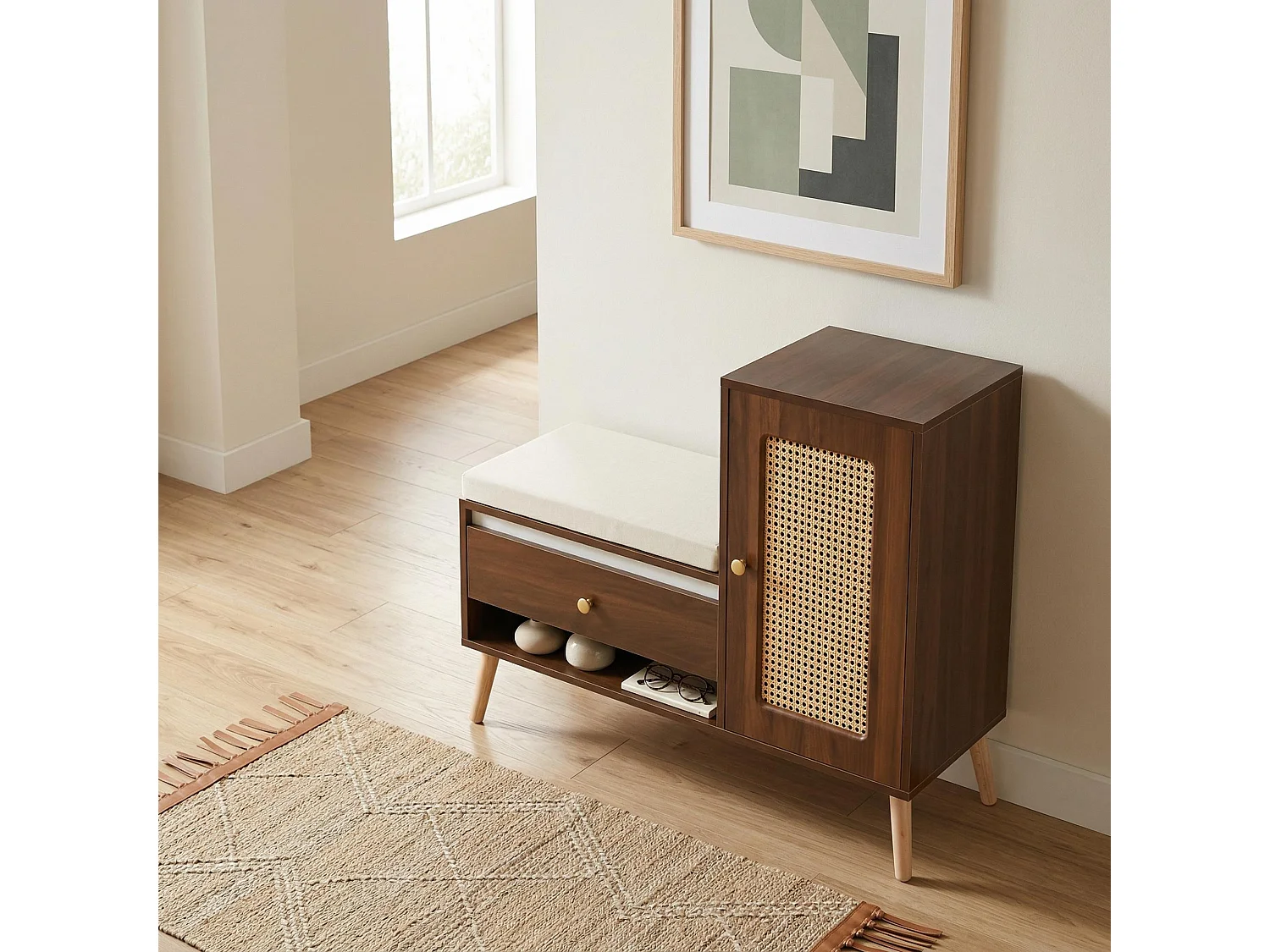 Banc à chaussures effet noyer en rotin avec coussin beige 95,5x35x80,5cm