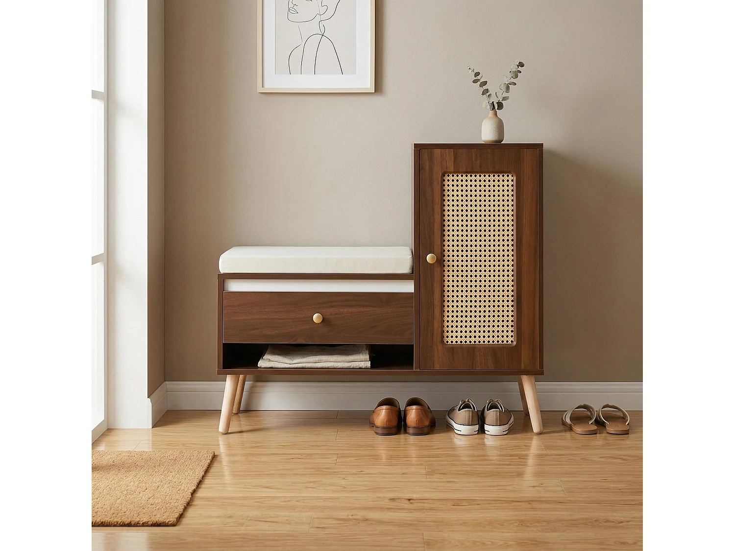 Banc à chaussures effet noyer en rotin avec coussin beige 95,5x35x80,5cm