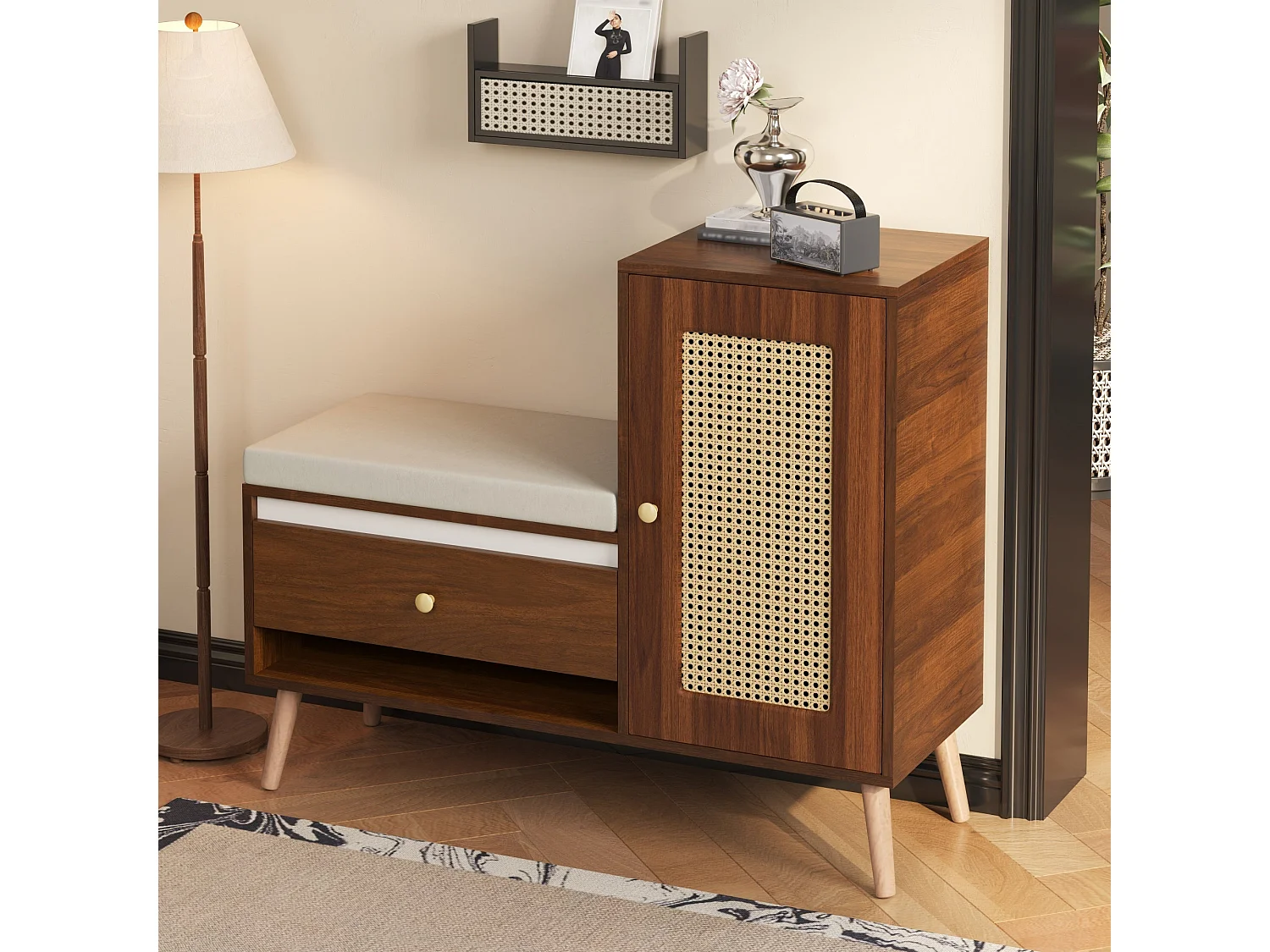 Banc à chaussures effet noyer en rotin avec coussin beige 95,5x35x80,5cm