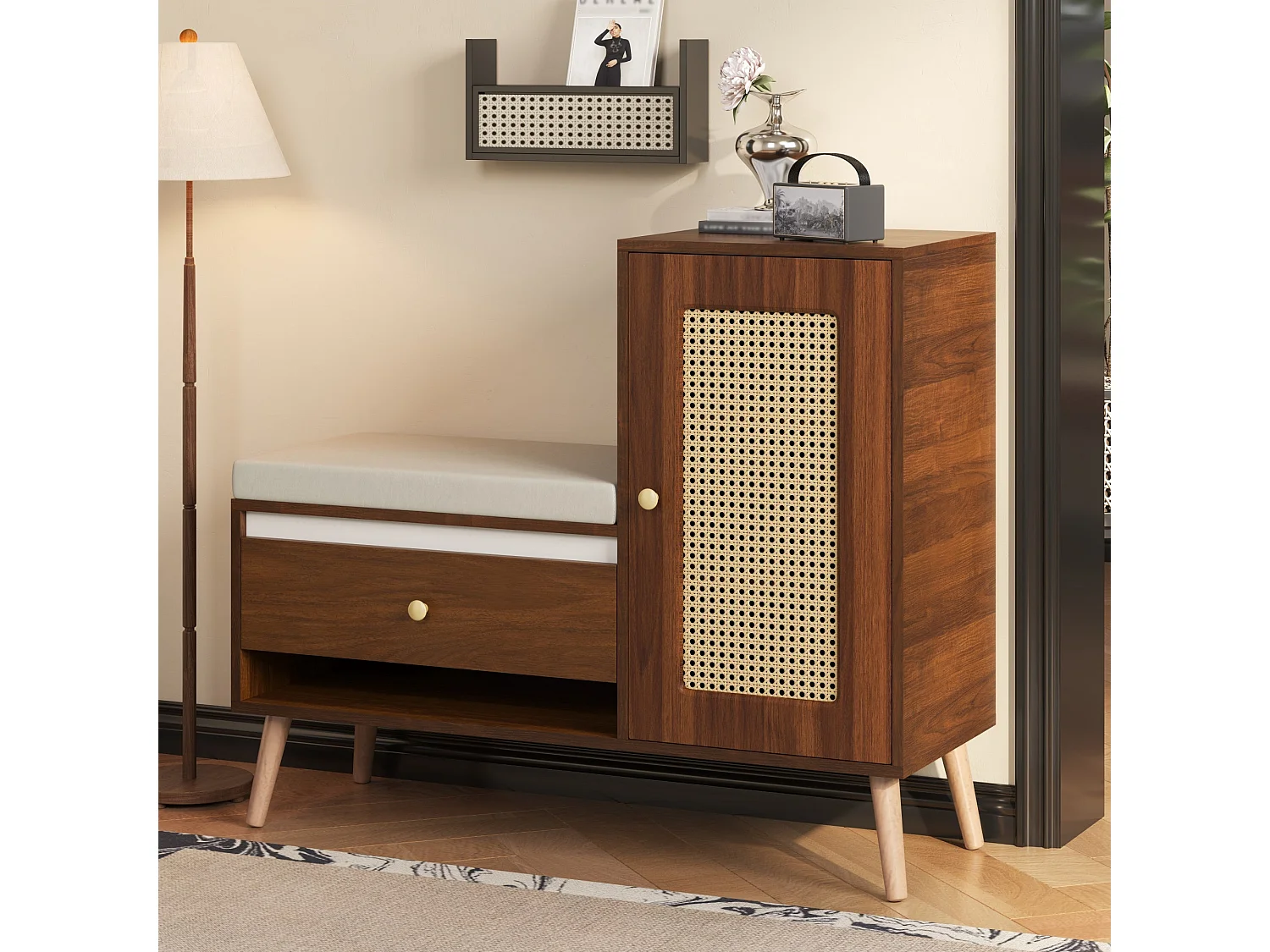 Banc à chaussures effet noyer en rotin avec coussin beige 95,5x35x80,5cm