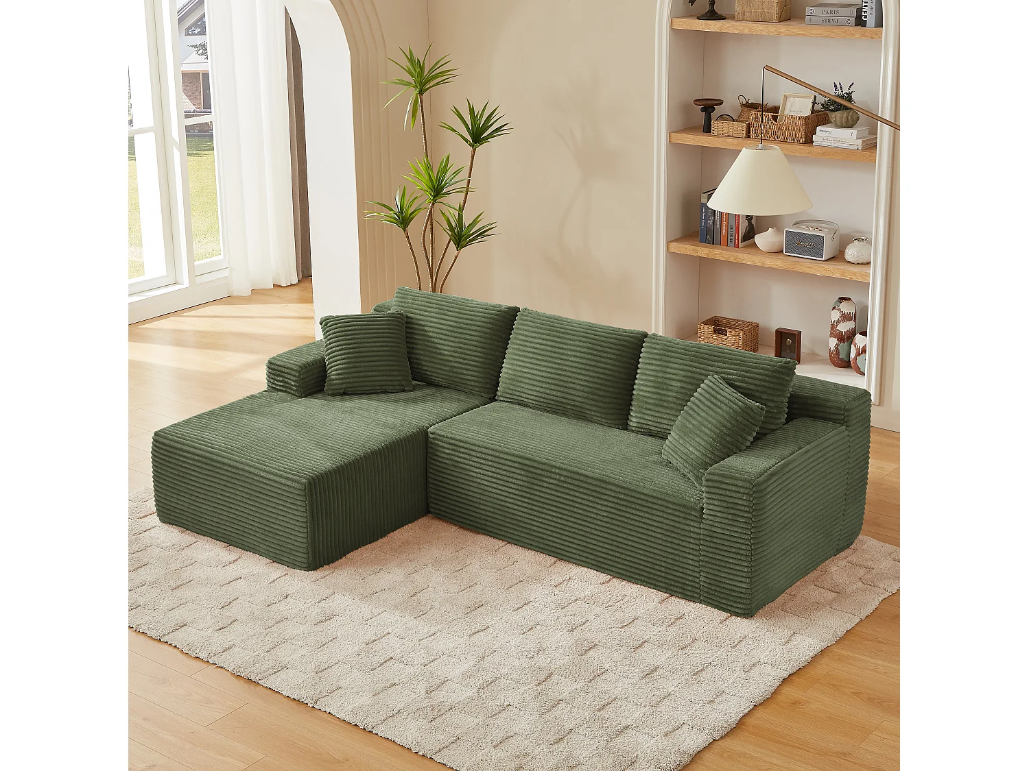 Canapé d'angle 3 places modulable L-shape vert, mousse mémoire sans montage