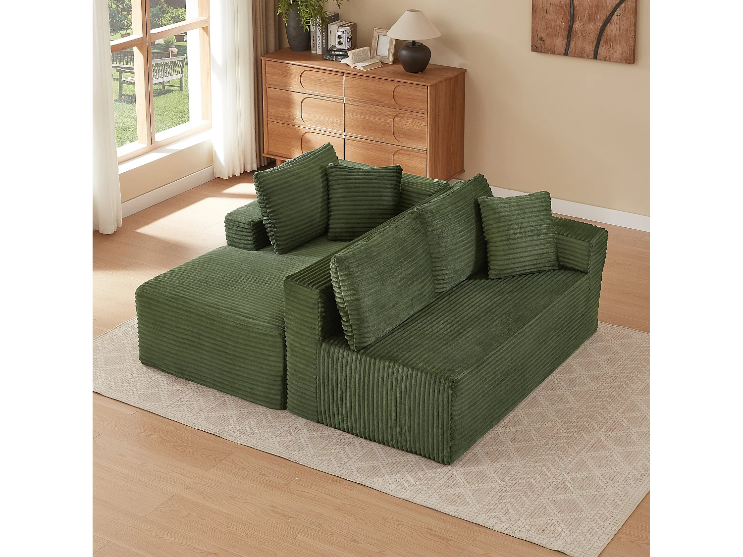 Canapé d'angle 3 places modulable L-shape vert, mousse mémoire sans montage