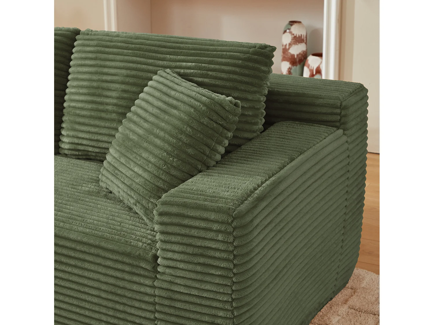 Canapé d'angle 3 places modulable L-shape vert, mousse mémoire sans montage