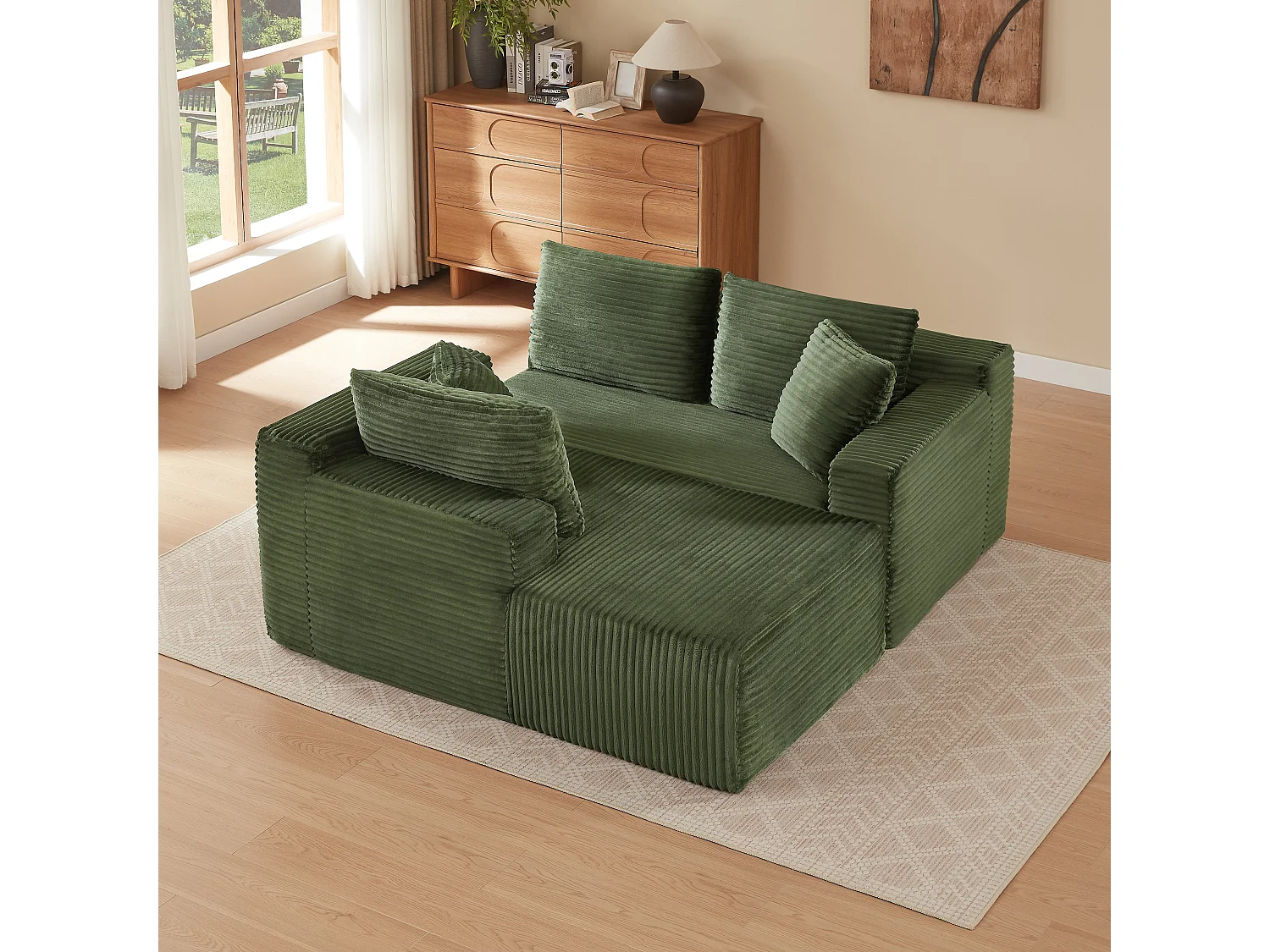 Canapé d'angle 3 places modulable L-shape vert, mousse mémoire sans montage