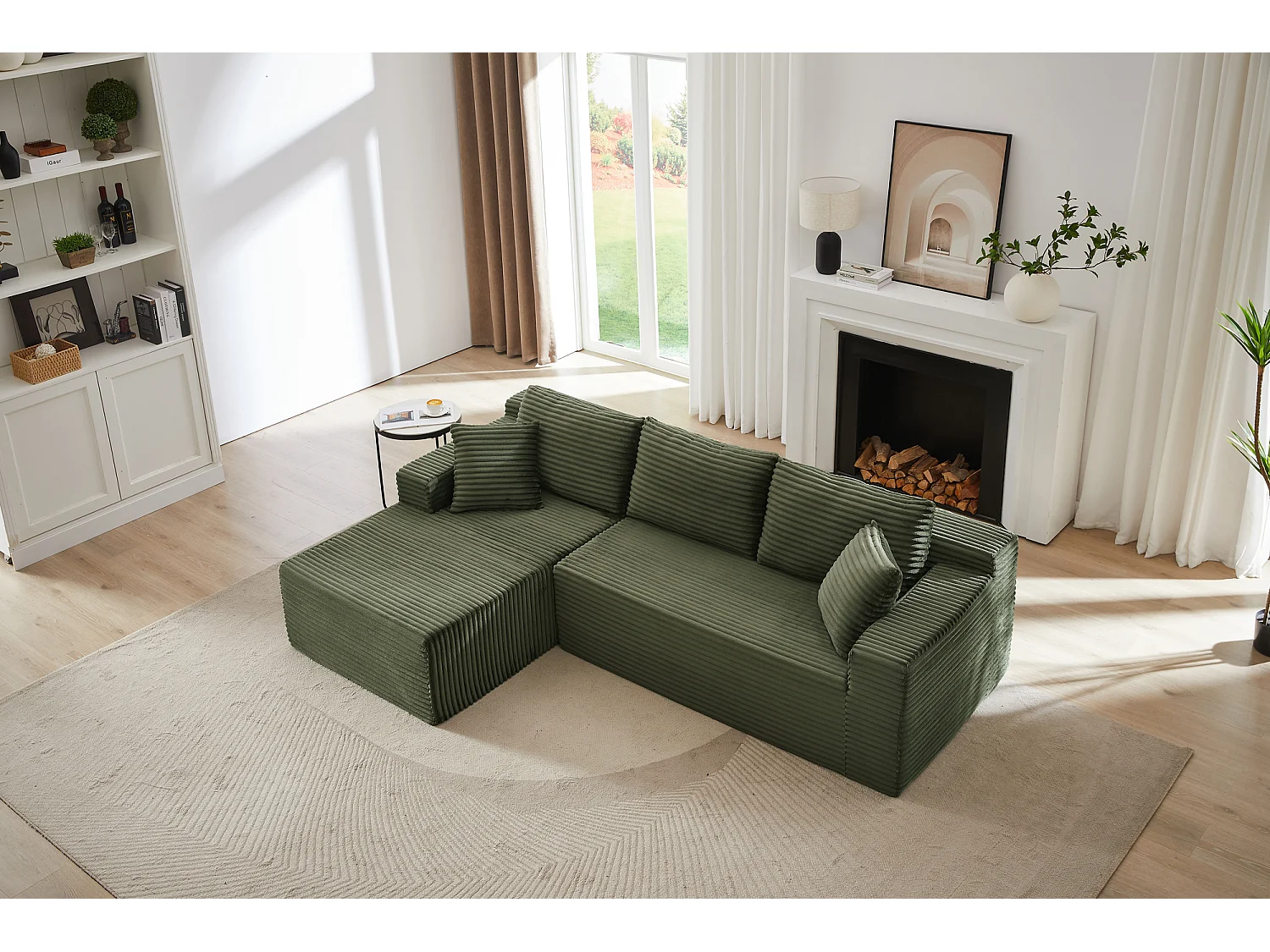 Canapé d'angle 3 places modulable L-shape vert, mousse mémoire sans montage