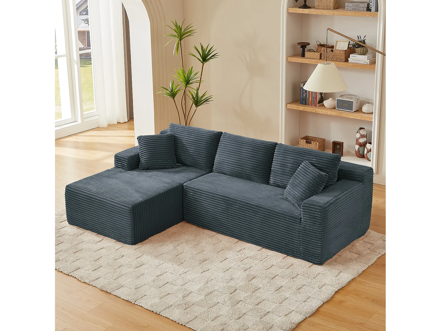 Canapé d'angle modulable 3 places, mousse mémoire, tissu gris foncé