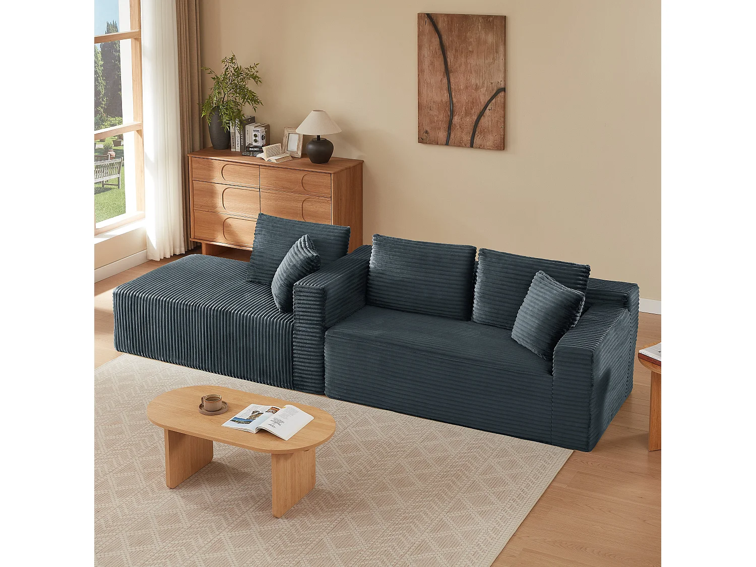 Canapé d'angle modulable 3 places, mousse mémoire, tissu gris foncé