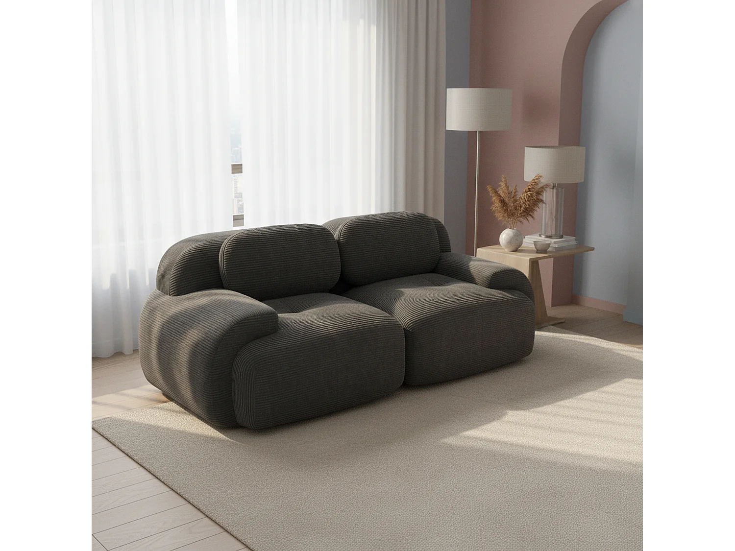 Canapé 2 places loveseat modulable en velours côtelé gris avec accoudoirs courbés, confort premium, sans montage