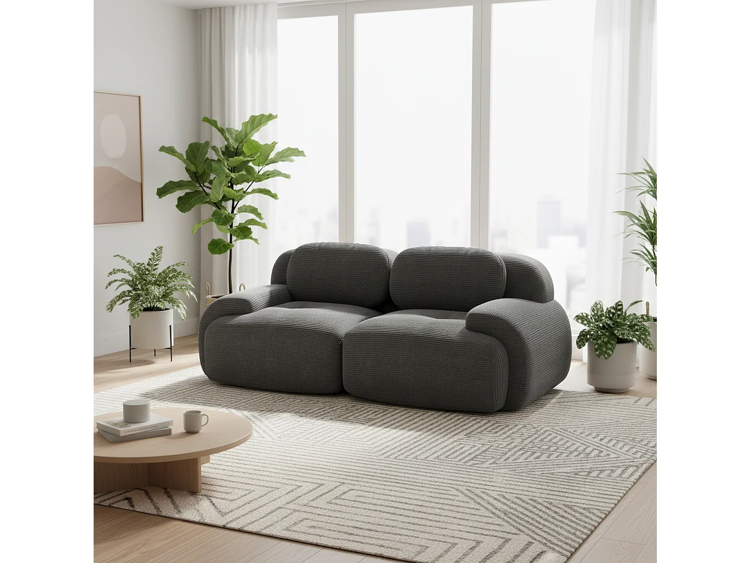Canapé 2 places loveseat modulable en velours côtelé gris avec accoudoirs courbés, confort premium, sans montage