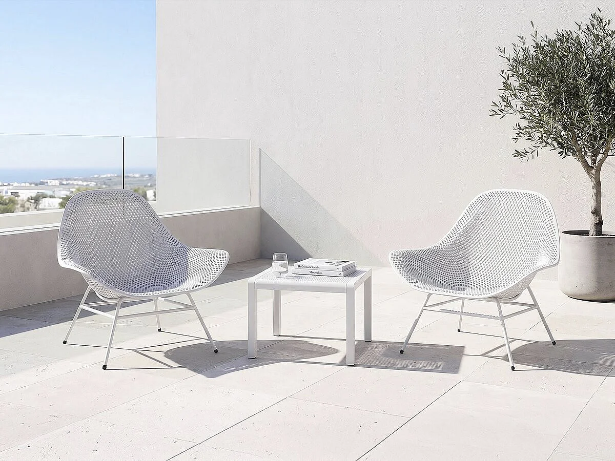 Lot de 2 fauteuils de jardin avec table basse "Soléna" - Blanc