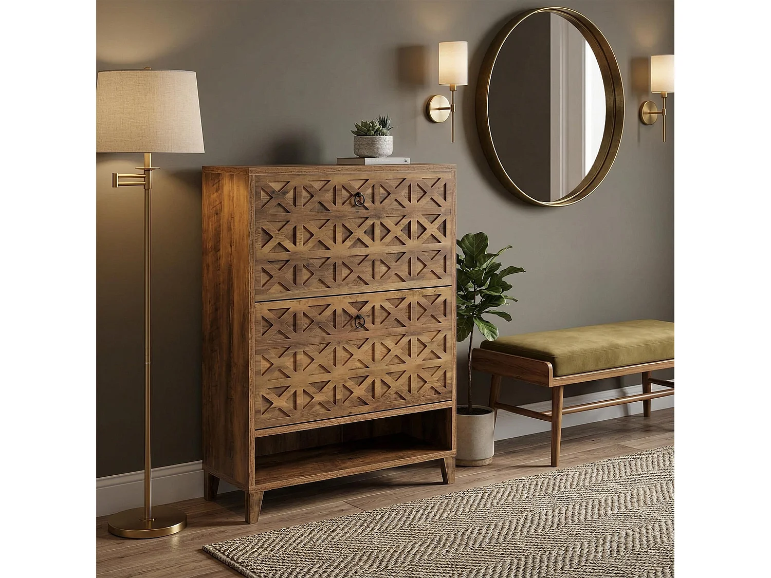 Meuble à chaussures rustique 2 tiroirs façades sculptées