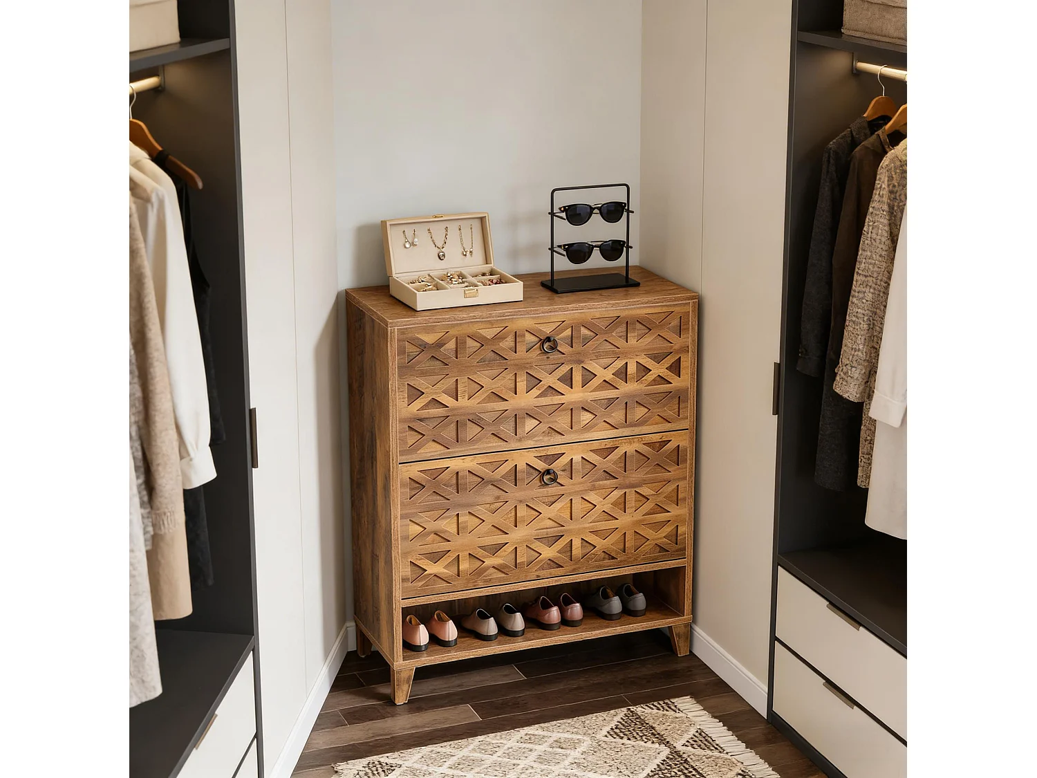 Meuble à chaussures rustique 2 tiroirs façades sculptées