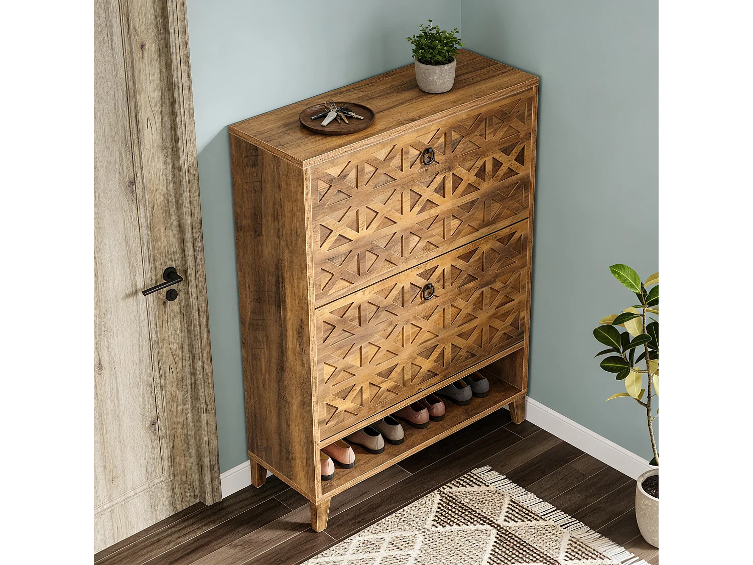 Meuble à chaussures rustique 2 tiroirs façades sculptées