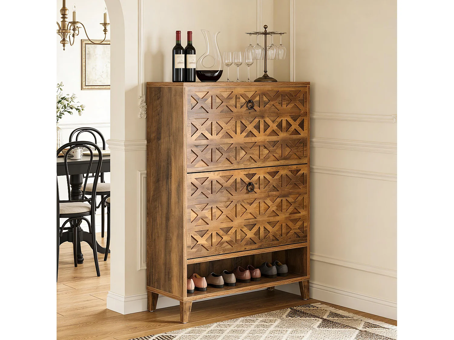 Meuble à chaussures rustique 2 tiroirs façades sculptées