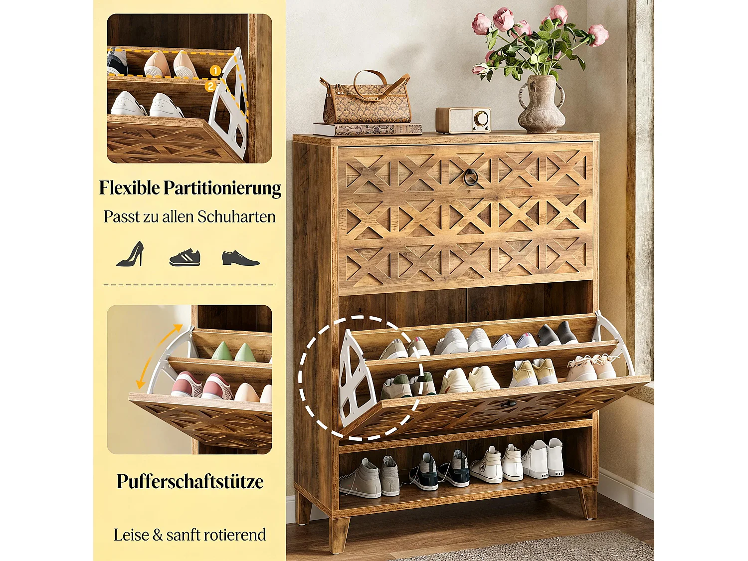 Meuble à chaussures rustique 2 tiroirs façades sculptées