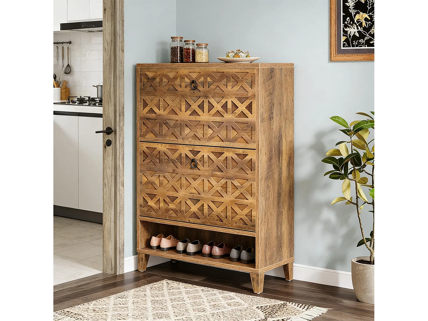 Meuble à chaussures rustique 2 tiroirs façades sculptées