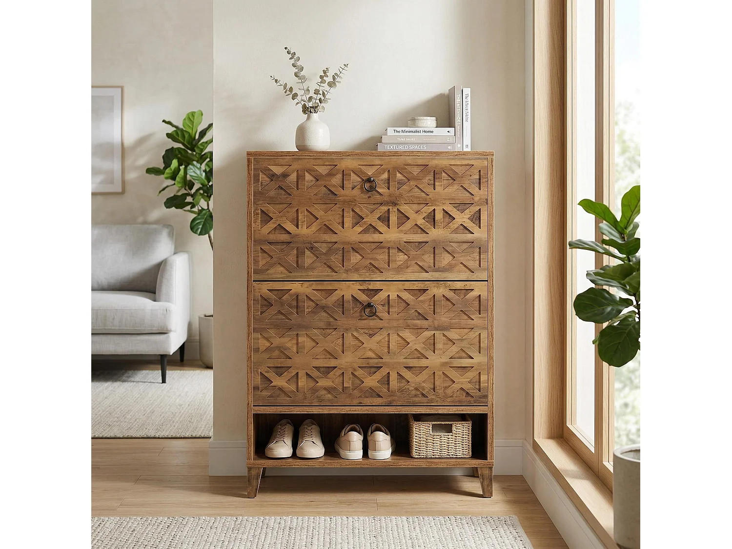 Meuble à chaussures rustique 2 tiroirs façades sculptées